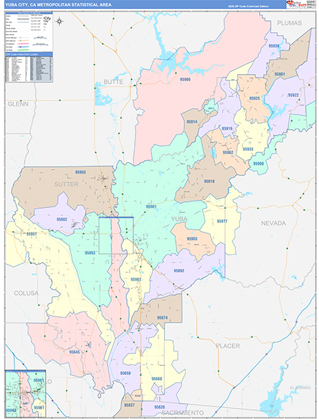 Yuba City Metro Area Wall Map Color Cast Style